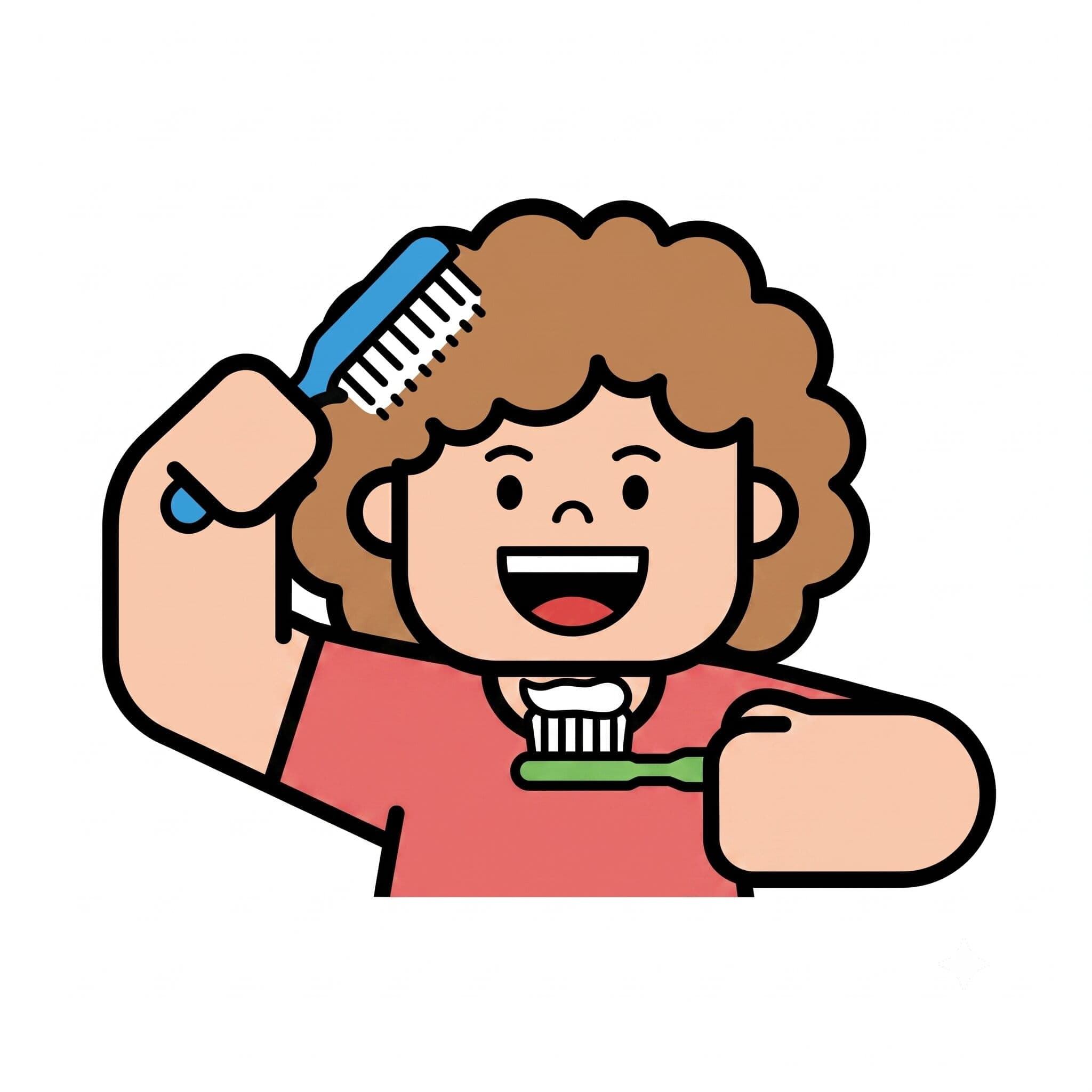 A girl brushes her hair with a brush and holds a toothbrush with toothpaste.