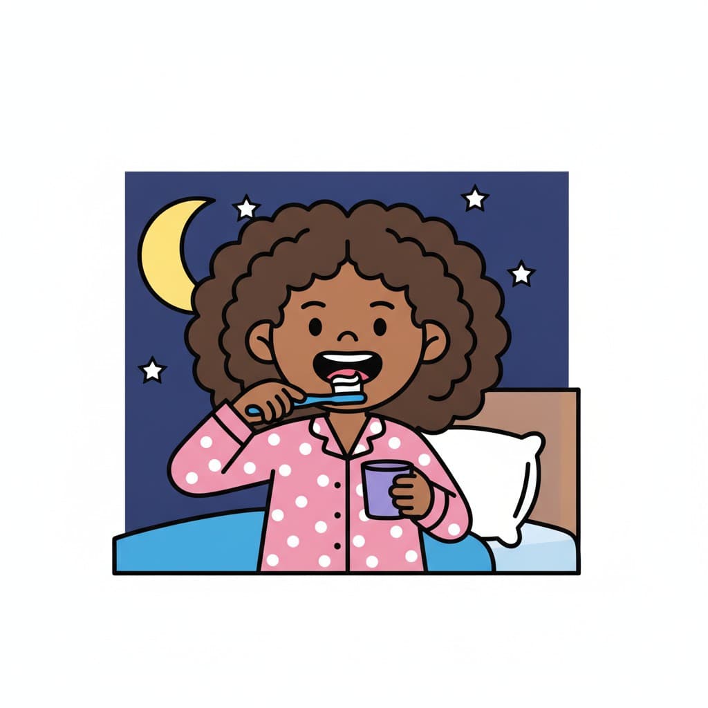 A girl in pink pyjamas brushes her teeth holding a cup, with a starry night sky behind her.