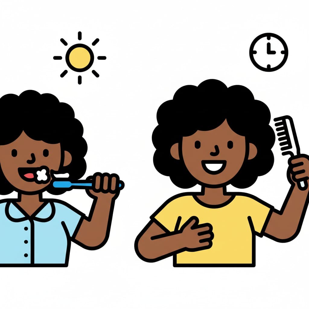 A cartoon girl brushes her teeth with a toothbrush, next to her another girl combs her hair with a comb. The sun and a clock are shown in the background.