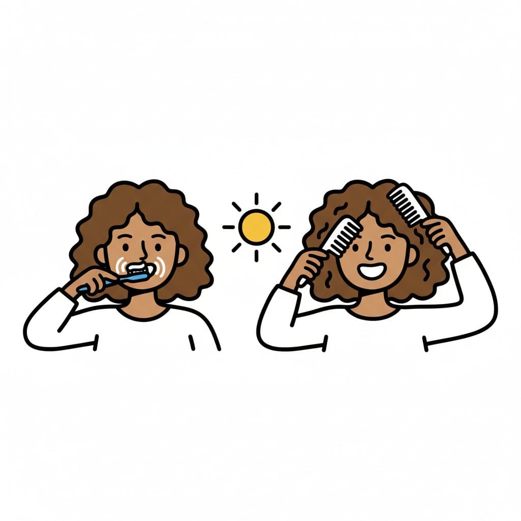 Eine Illustration, die zwei Handlungen zeigt: eine Person putzt sich die Zähne und eine Person kämmt sich die Haare. Ein Sonnensymbol befindet sich dazwischen.