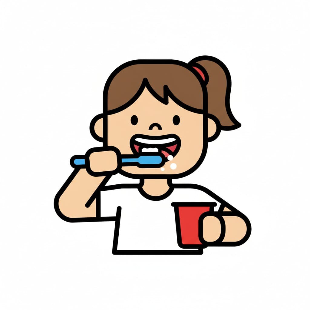 A girl is brushing her teeth with a toothbrush and holding a red cup in her other hand.