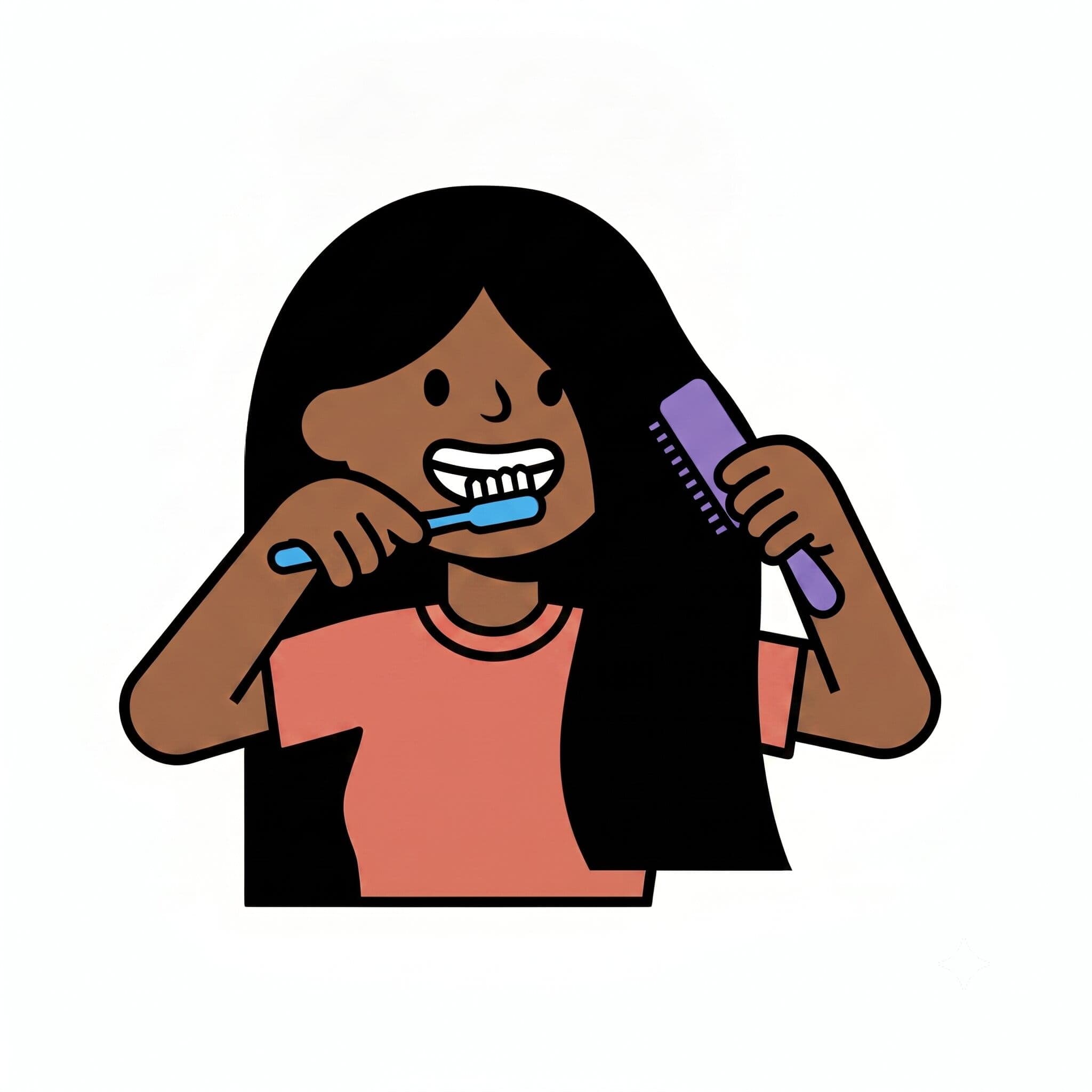 A girl brushes her teeth while holding a comb to her hair.