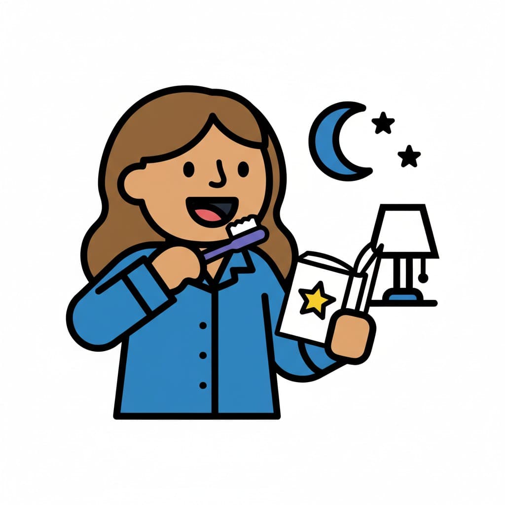 A girl in pajamas brushing her teeth and holding a book, with a lamp, moon, and stars in the background.