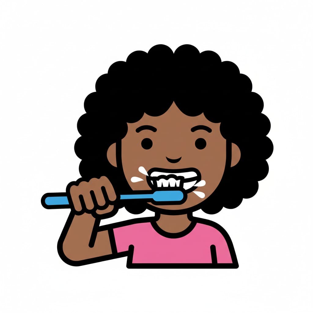 A girl is brushing her teeth, with foam visible around her mouth.