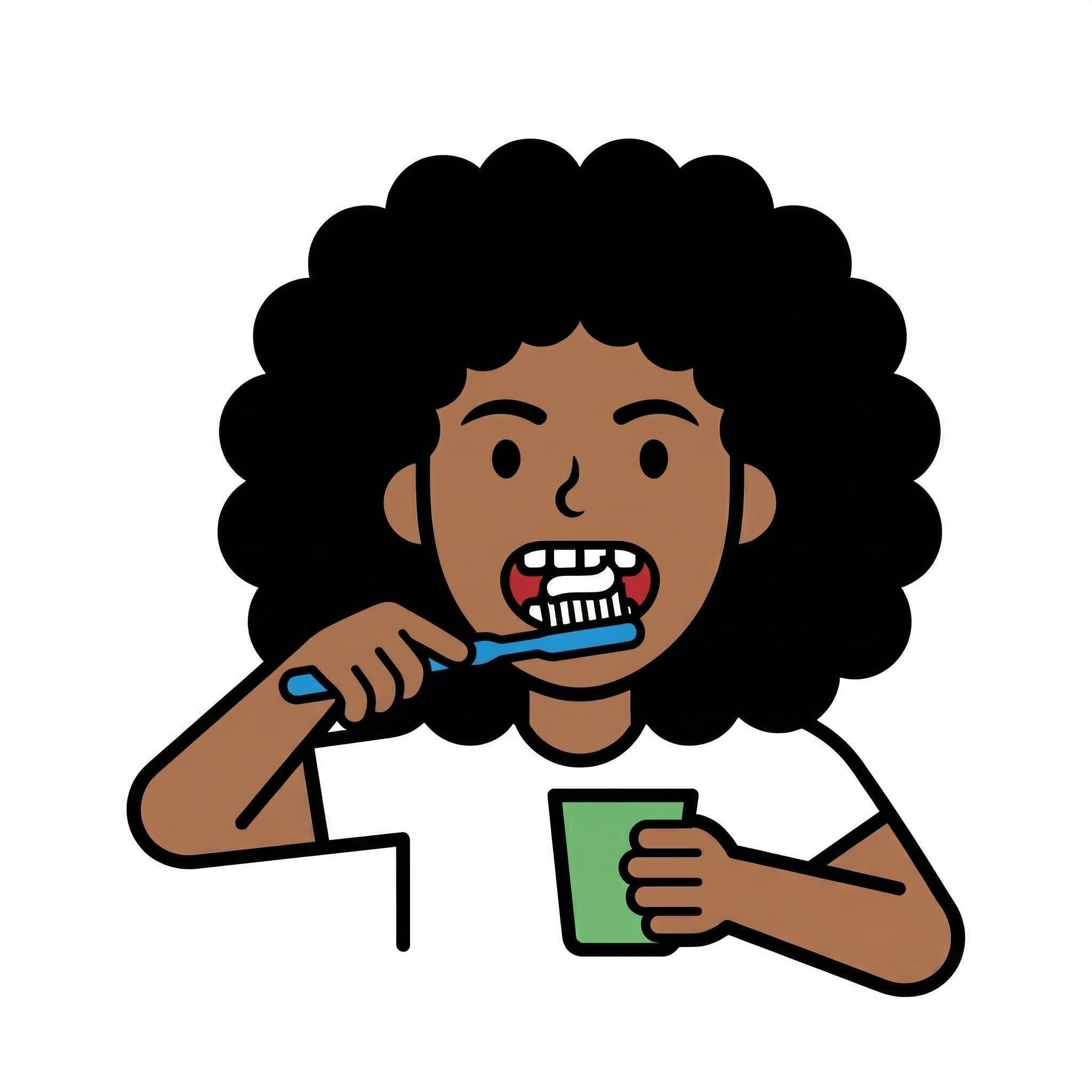 An illustration of a person brushing their teeth with a blue toothbrush and holding a green cup.