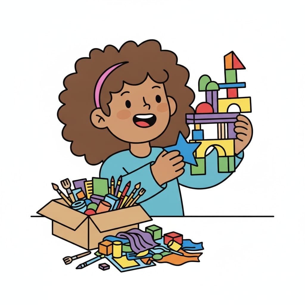 A girl builds a tower with colorful blocks next to a box of craft supplies.