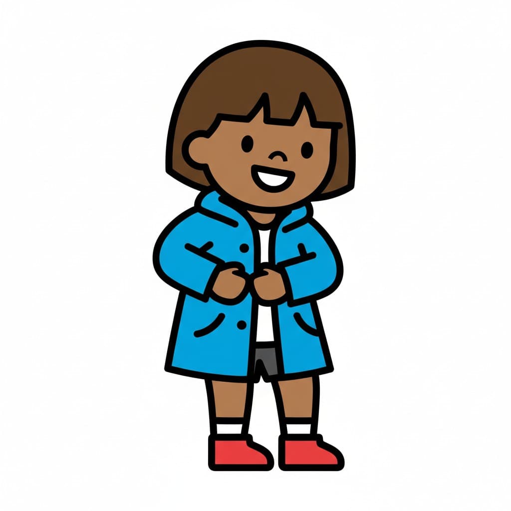 Ein Mädchen knöpft einen blauen Mantel zu, mit roten Schuhen sichtbar.