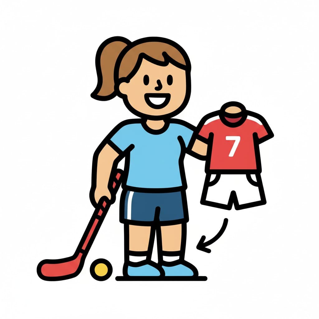 A person holds a floorball stick and shows their floorball outfit, consisting of a red jersey with number 7 and white shorts.