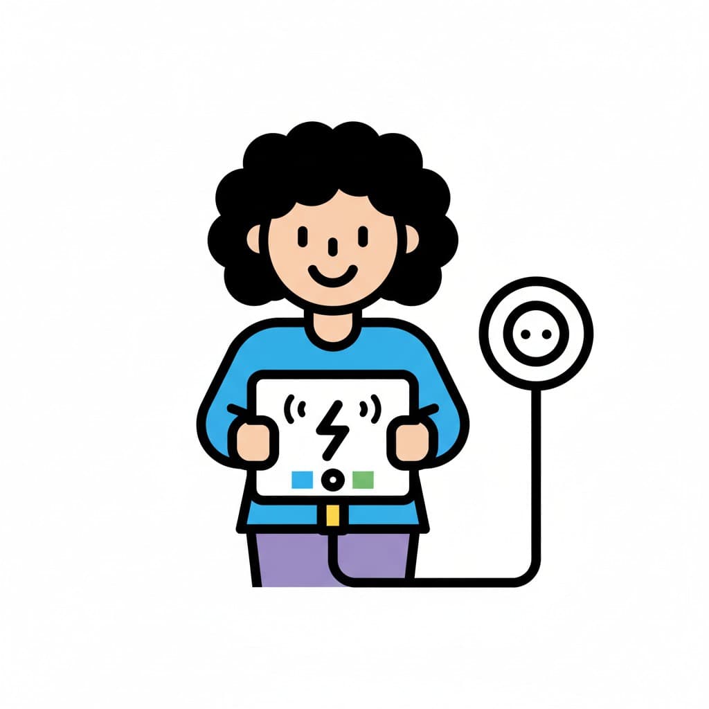 En person håller en surfplatta som laddas i ett vägguttag. Surfplattans skärm visar en blixtsymbol och laddningsindikatorer.