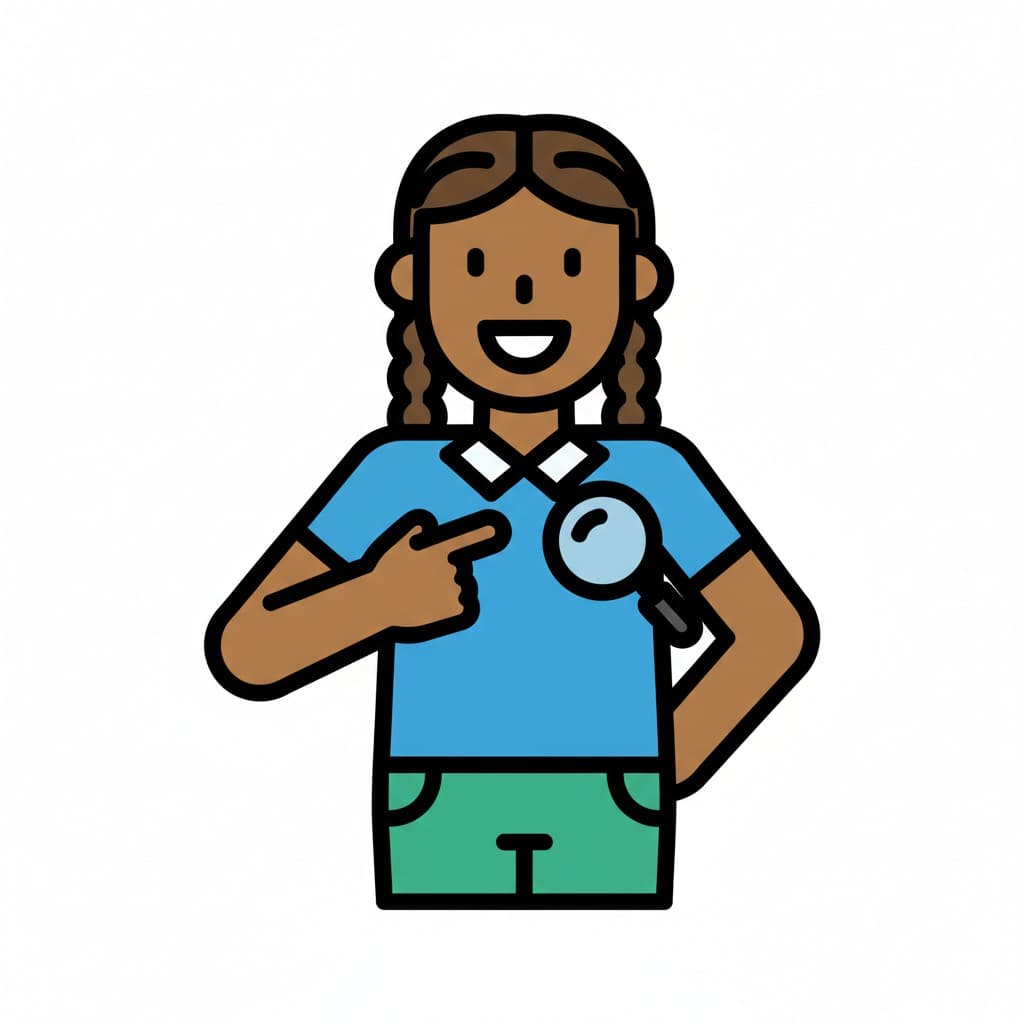 A person with braids smiles and holds a magnifying glass to their blue shirt, pointing at it, symbolizing checking their uniform.