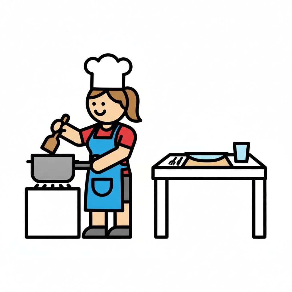 A girl in an apron and chef's hat stirs a pot beside a set table.