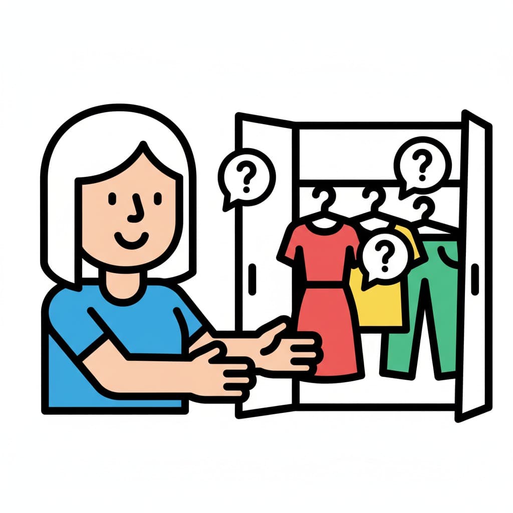 A girl standing in front of an open wardrobe with clothes and question marks.