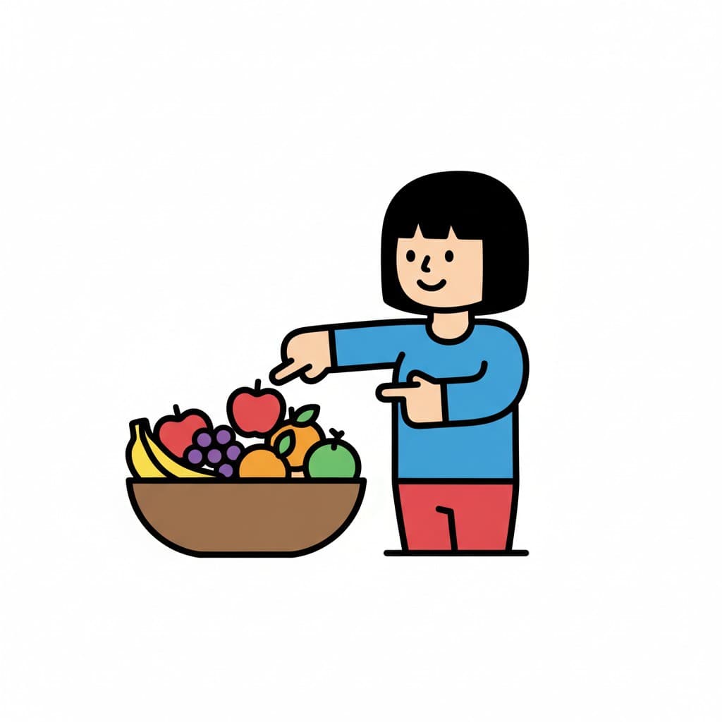 A girl points at fruit in a fruit bowl.