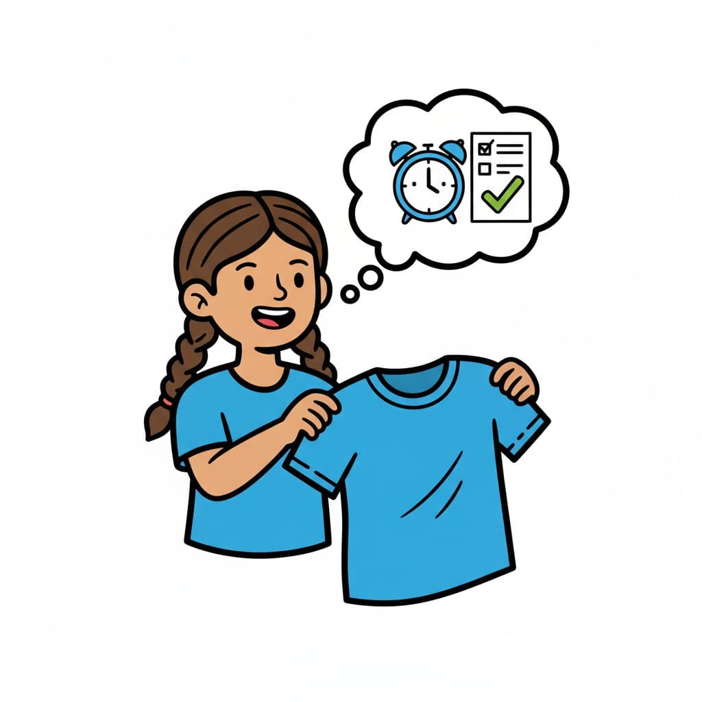 A girl holds up a blue t-shirt while thinking of a clock and a checklist shown in a thought bubble.