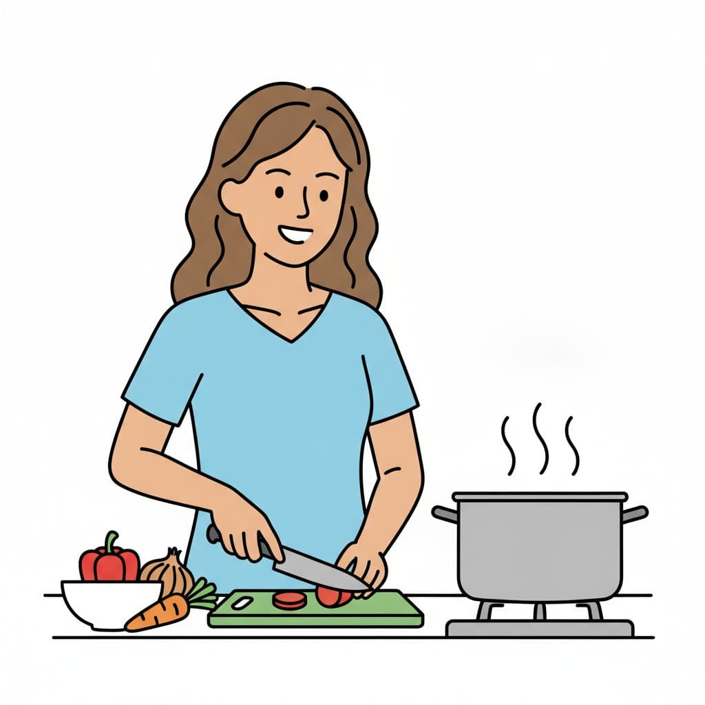 A girl chops vegetables on a cutting board beside a boiling pot.