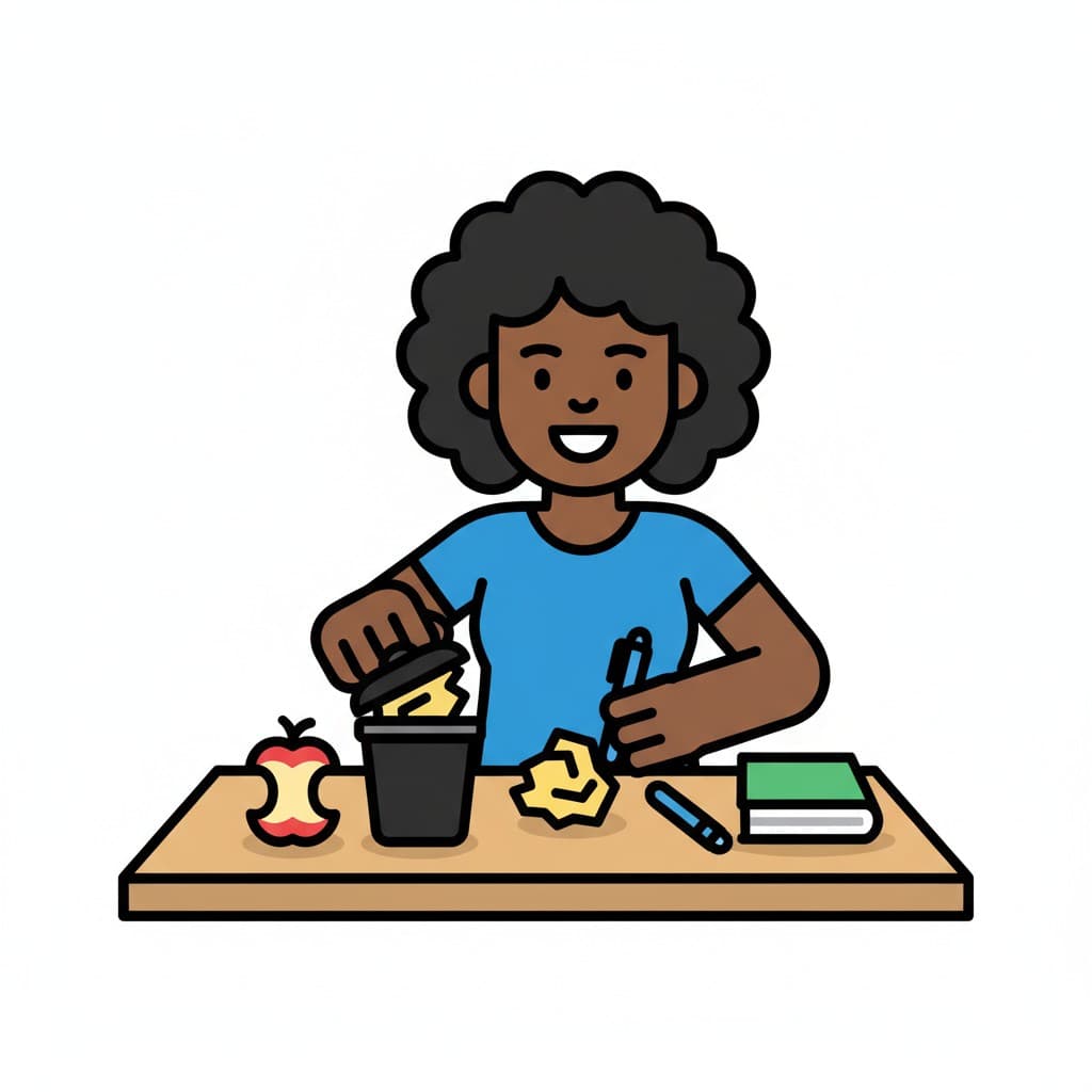 A person cleaning a desk, putting trash in a waste bin and organizing items.