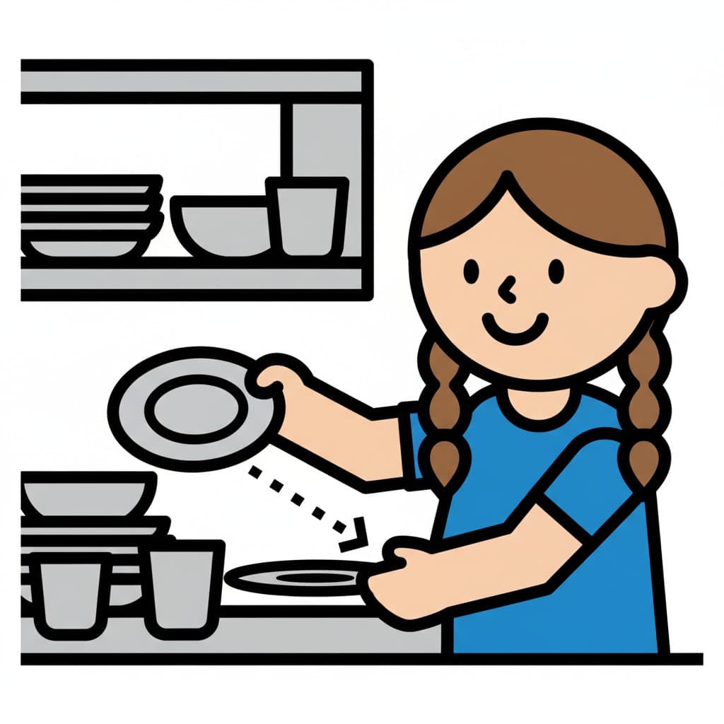 A girl places a plate onto a stack of dishes on the kitchen counter.