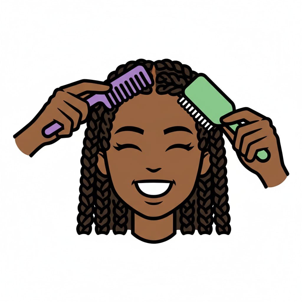 En glad person med flettet hår, der får håret redt og børstet af to hænder med en lilla kam og en grøn børste.