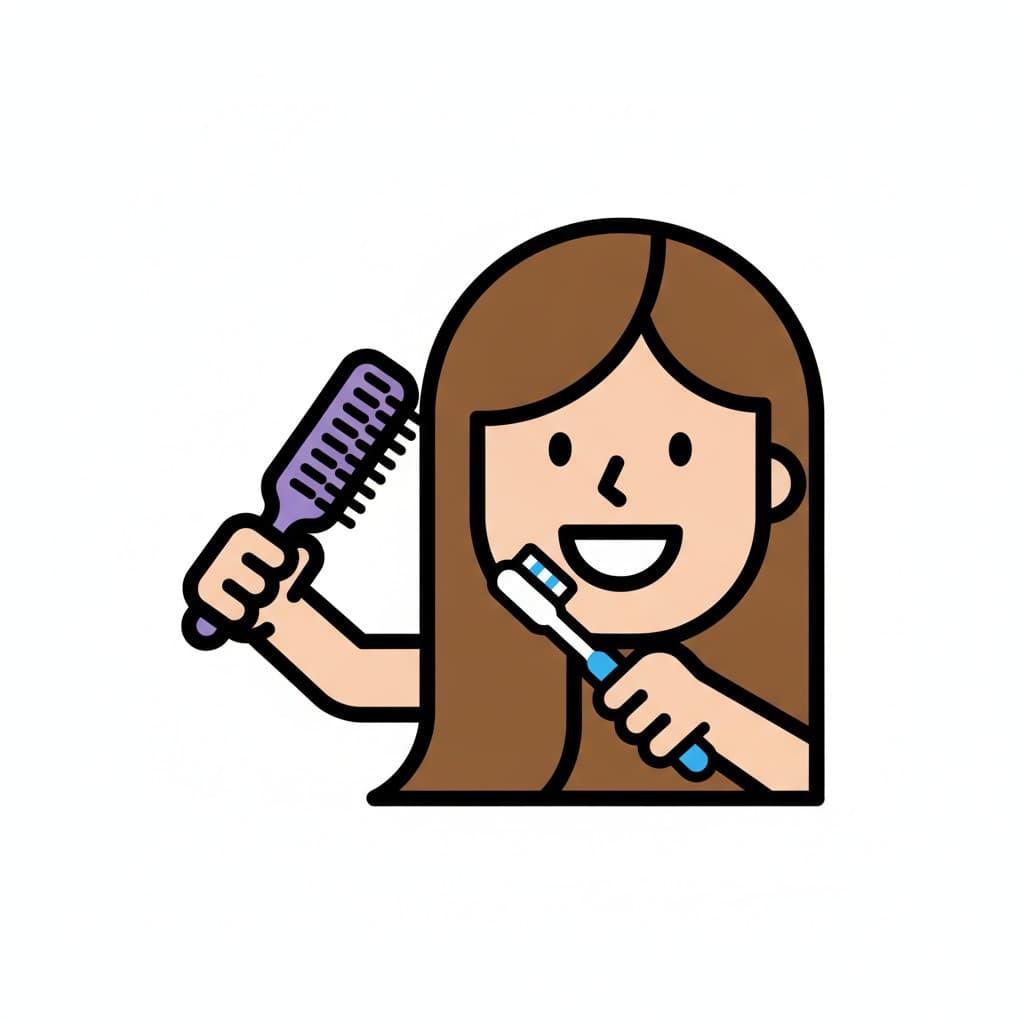 A girl combs her long hair while brushing her teeth.