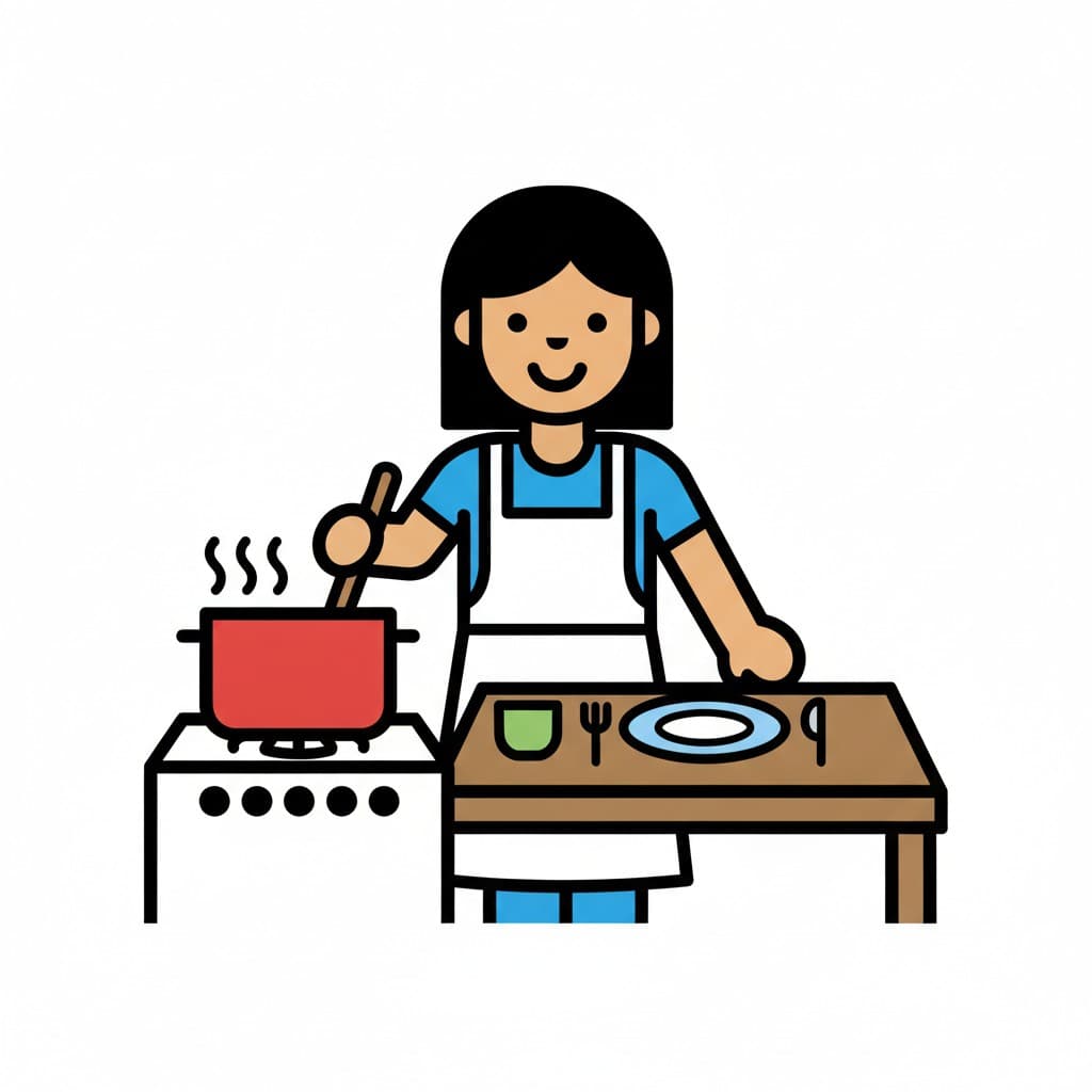 A girl cooks in a pot while setting the table.