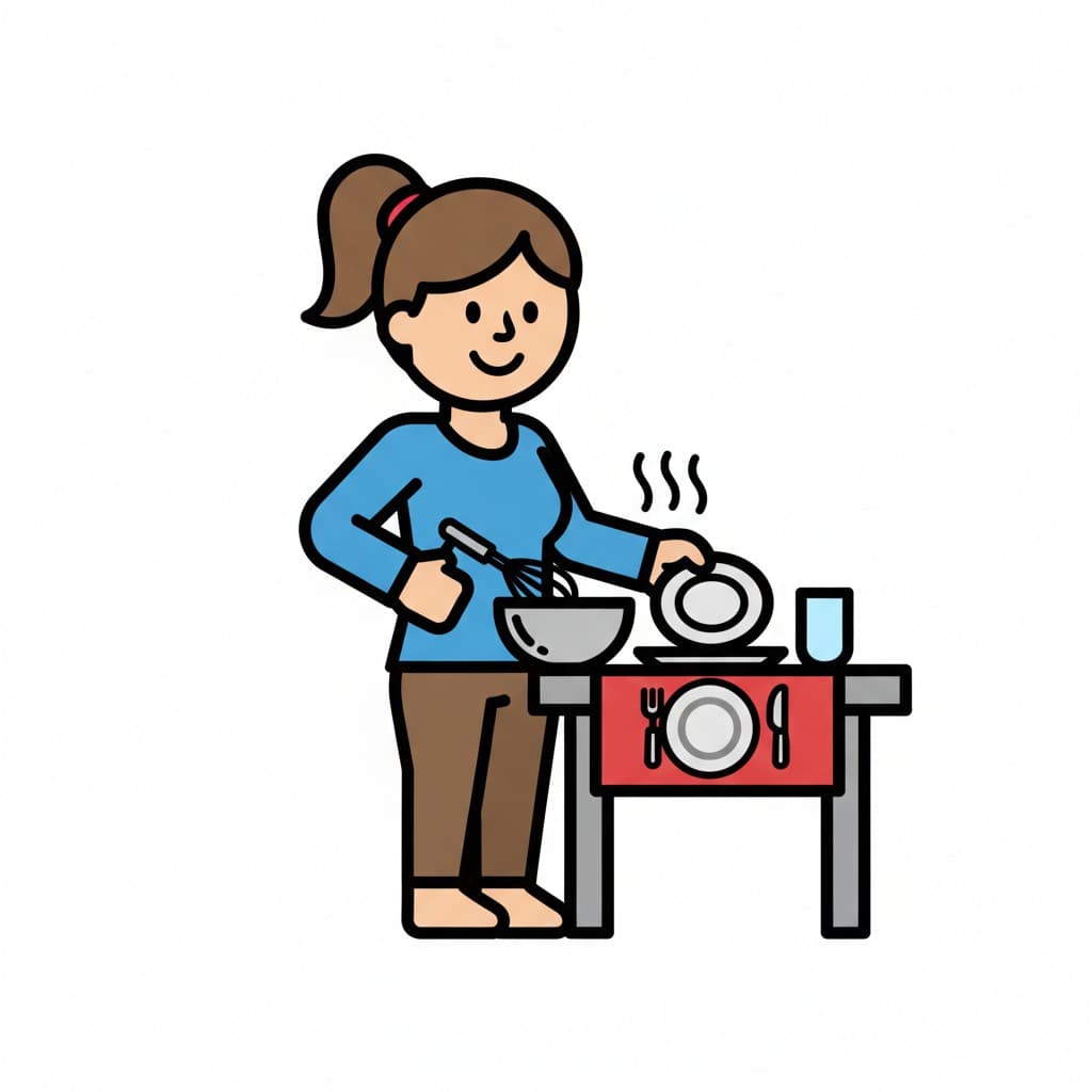 A girl whisks in a bowl and sets a table with a plate, cutlery and glass.