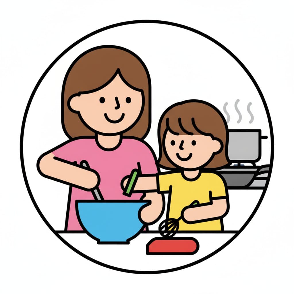 A girl with a whisk stands beside mom stirring a blue bowl in the kitchen.