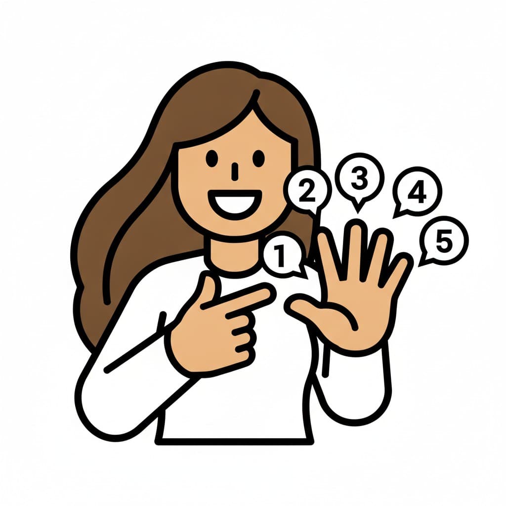 A happy person counts on their fingers with the numbers one to five next to the hand.