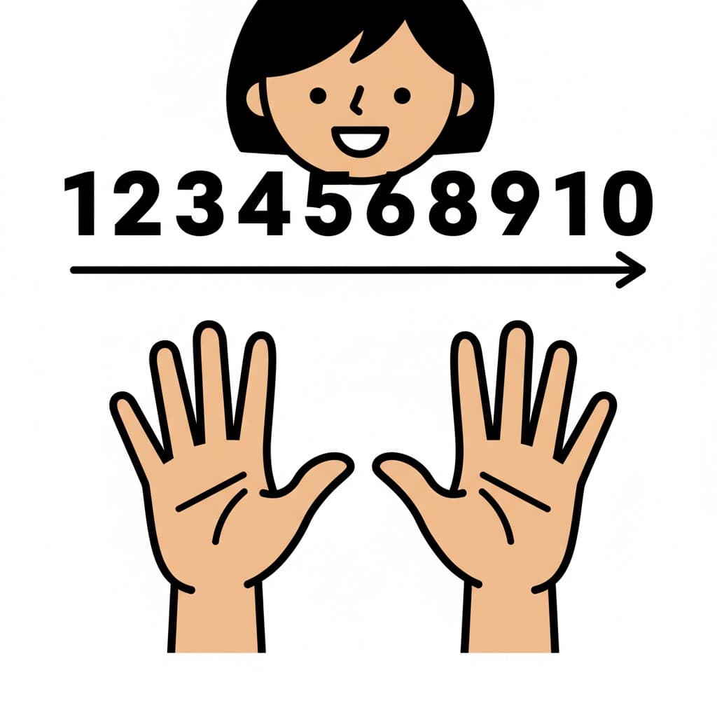 A happy person shows numbers 1 to 10 in a straight line with an arrow indicating the counting direction. Two open hands with five fingers each are below, ready to count.