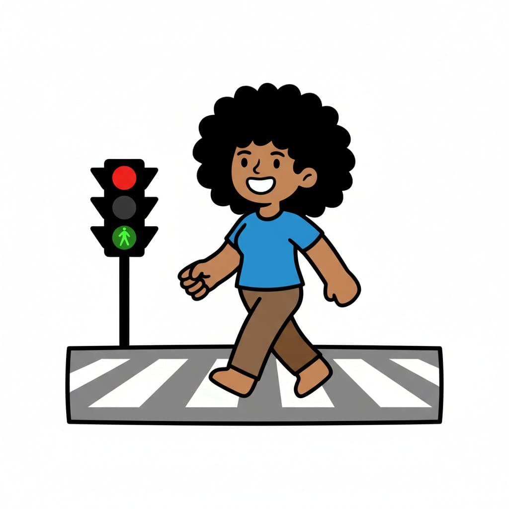 En person krysser en gate ved et fotgjengerfelt med grønt lys.