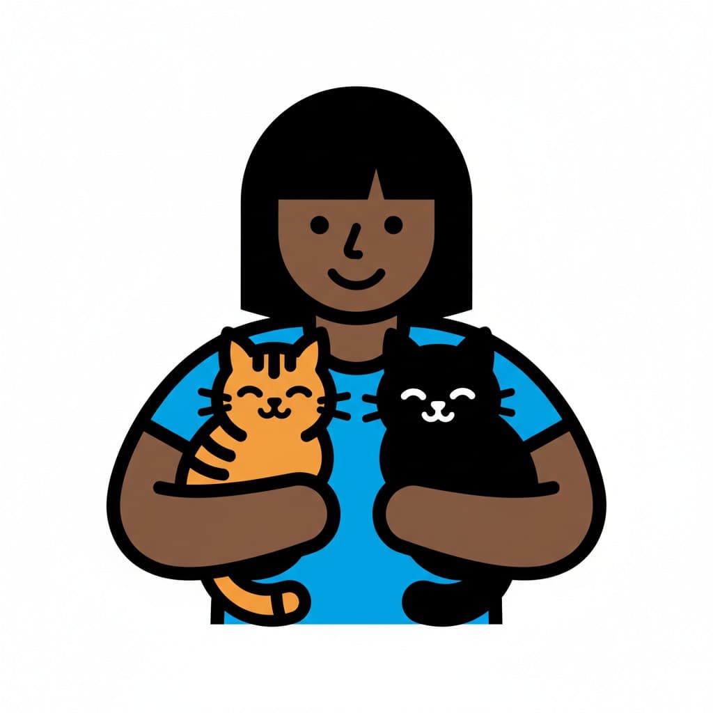 A girl holding two cats, one orange and one black.