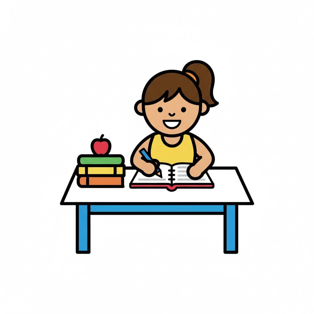 An illustration of a girl sitting at a desk, writing in a notebook. Books and an apple are next to her.