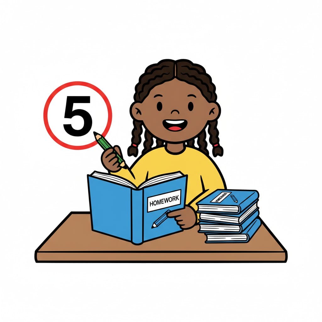 A girl sits at a desk, writing in a homework book. Beside her is a circle with the number 5.