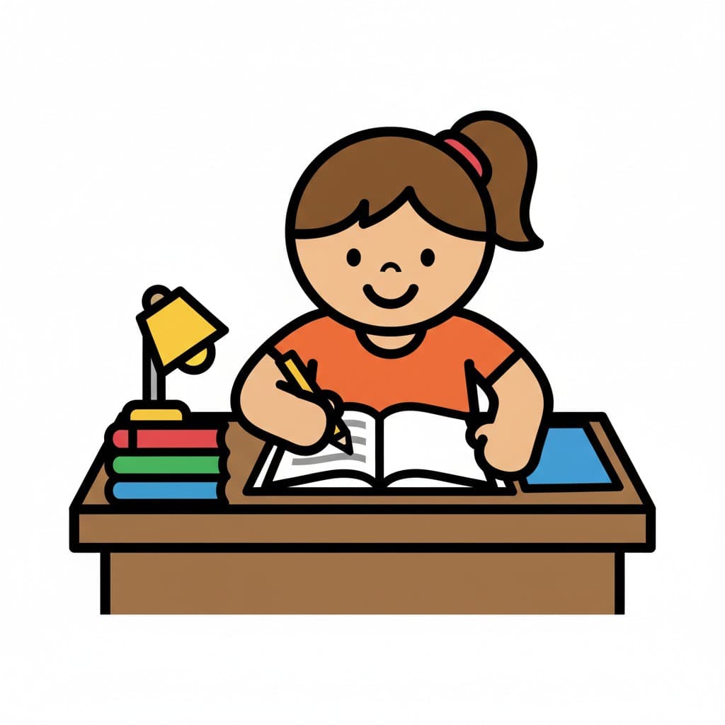 A girl sitting at a desk, writing in a notebook with a pencil. There are books and a lamp on the desk.