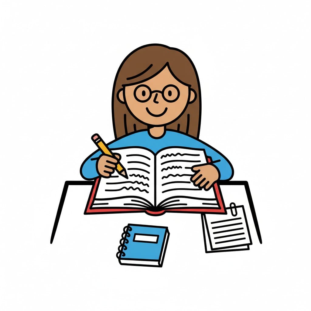 A person with glasses sits at a desk, writing in an open book with a pencil. A notebook and papers are also on the desk.