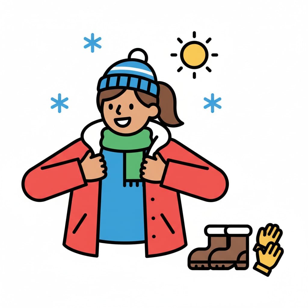 A person putting on a red winter coat, wearing a hat and scarf. Boots and gloves are on the ground. Snowflakes and a sun are in the sky.