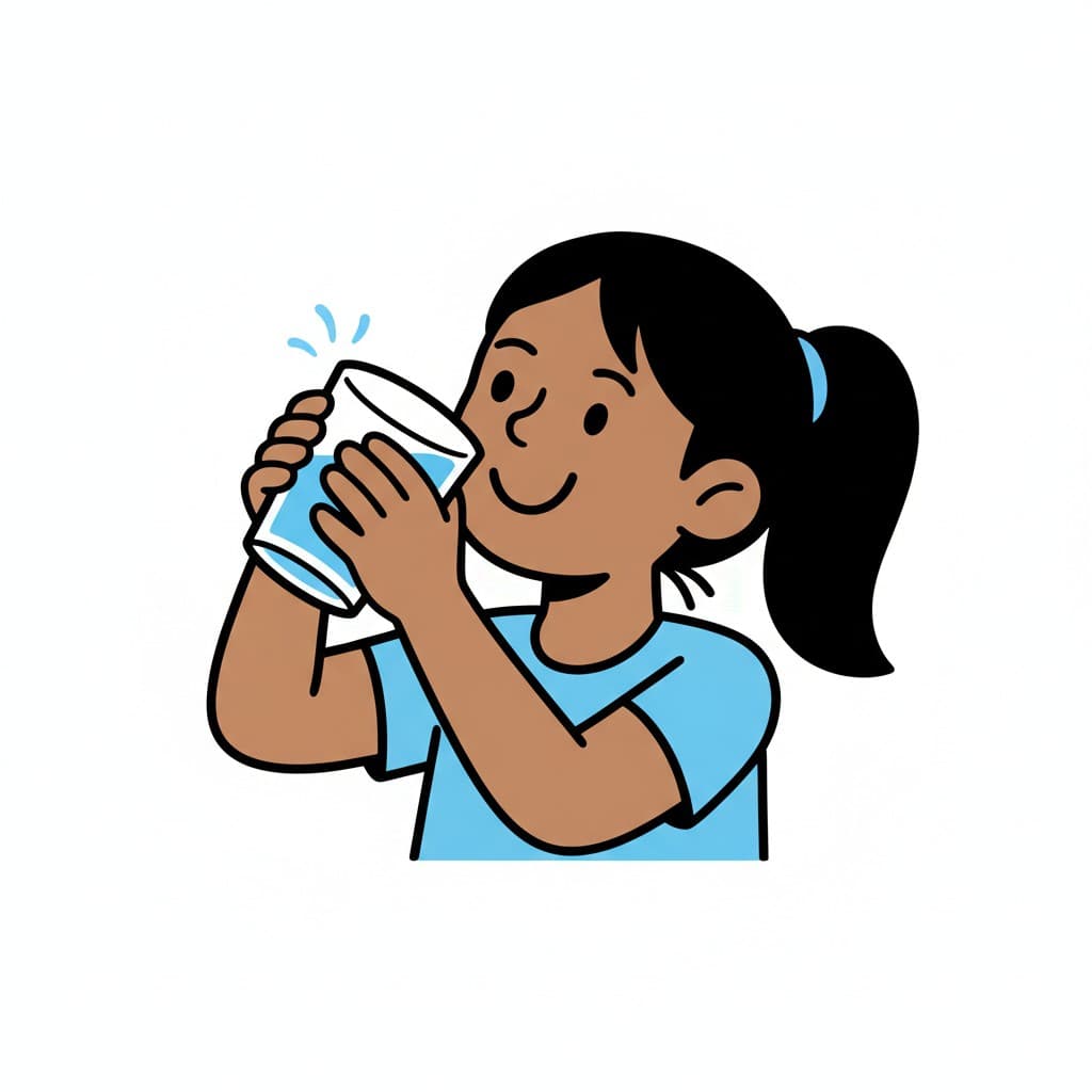 En flicka dricker vatten från ett glas.