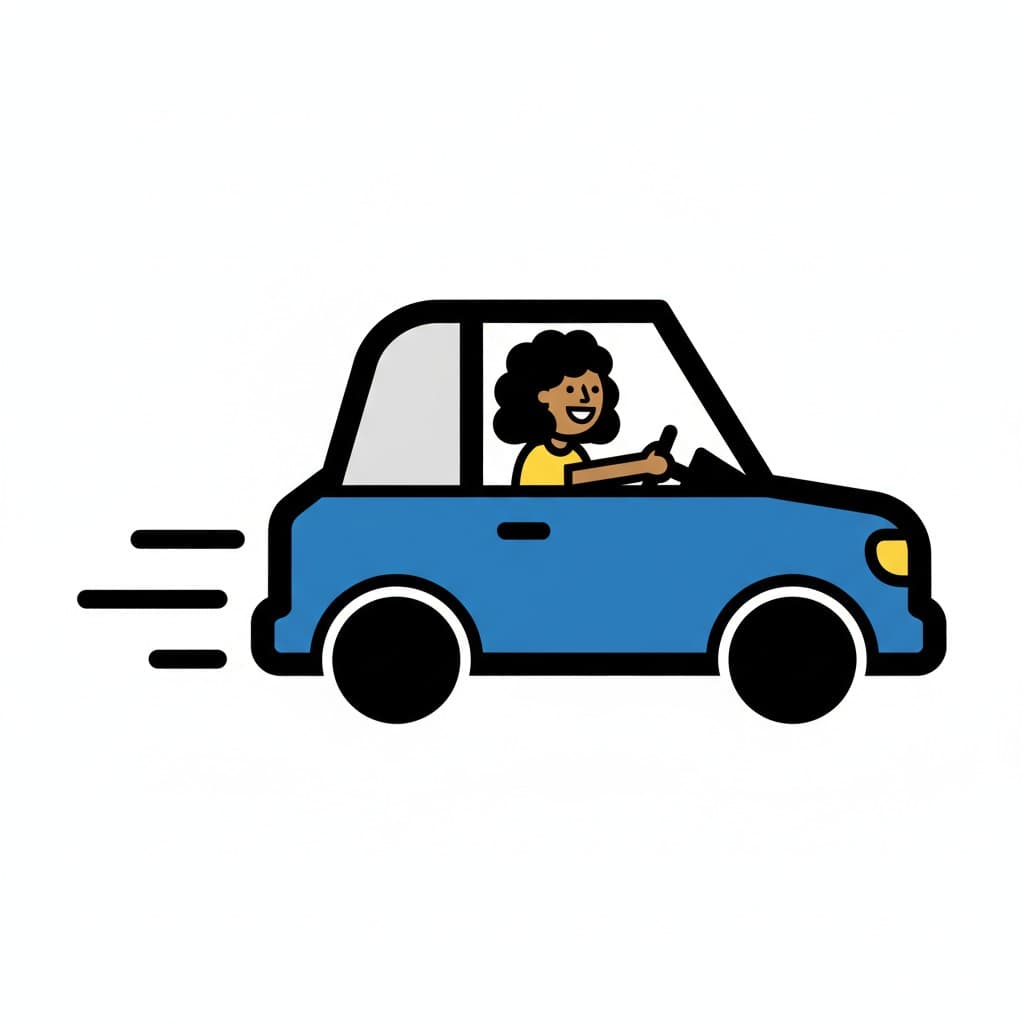 Ein Mädchen sitzt hinter dem Lenkrad eines blauen Autos und fährt.