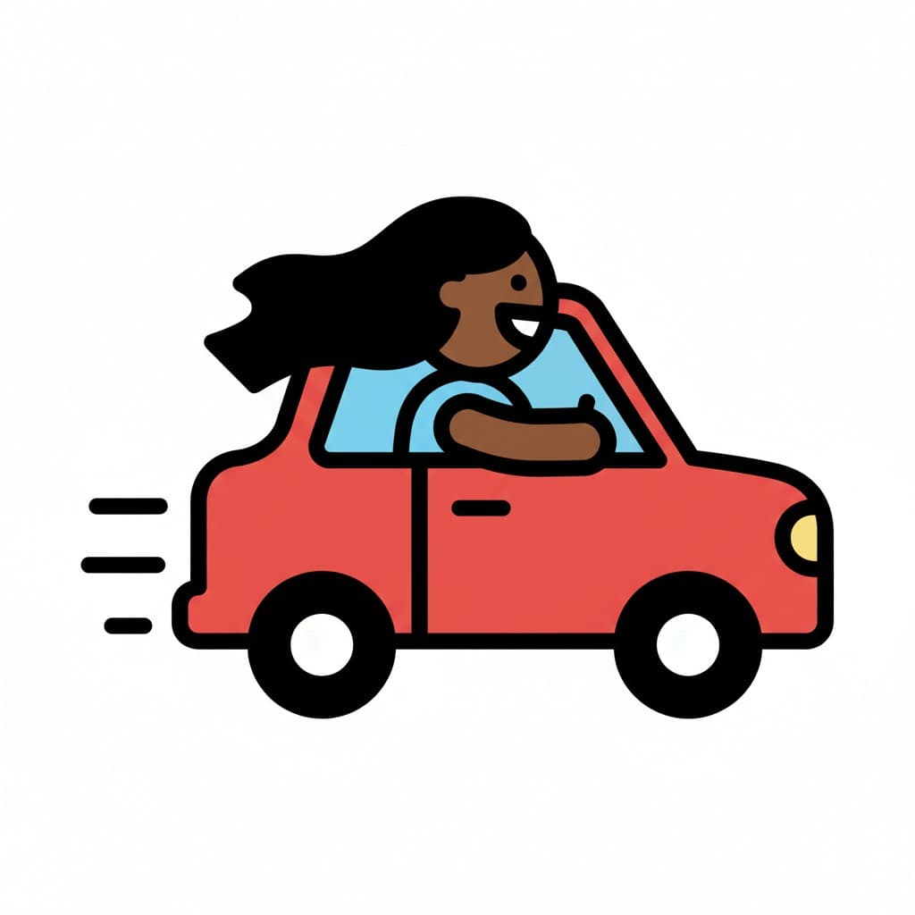 Ein Mädchen sitzt hinter dem Lenkrad eines roten Autos und fährt.