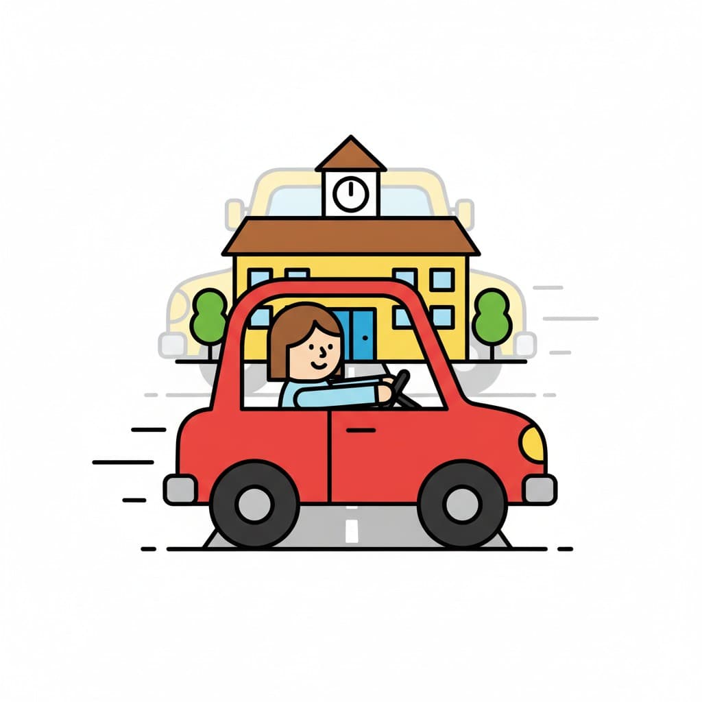 En person kör bil med en skola i bakgrunden.