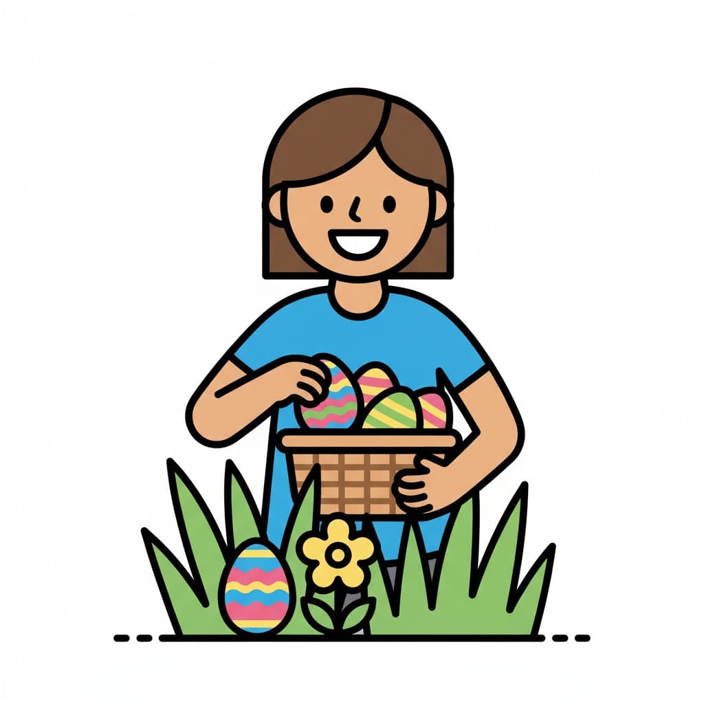A person collecting Easter eggs in a basket in the grass.