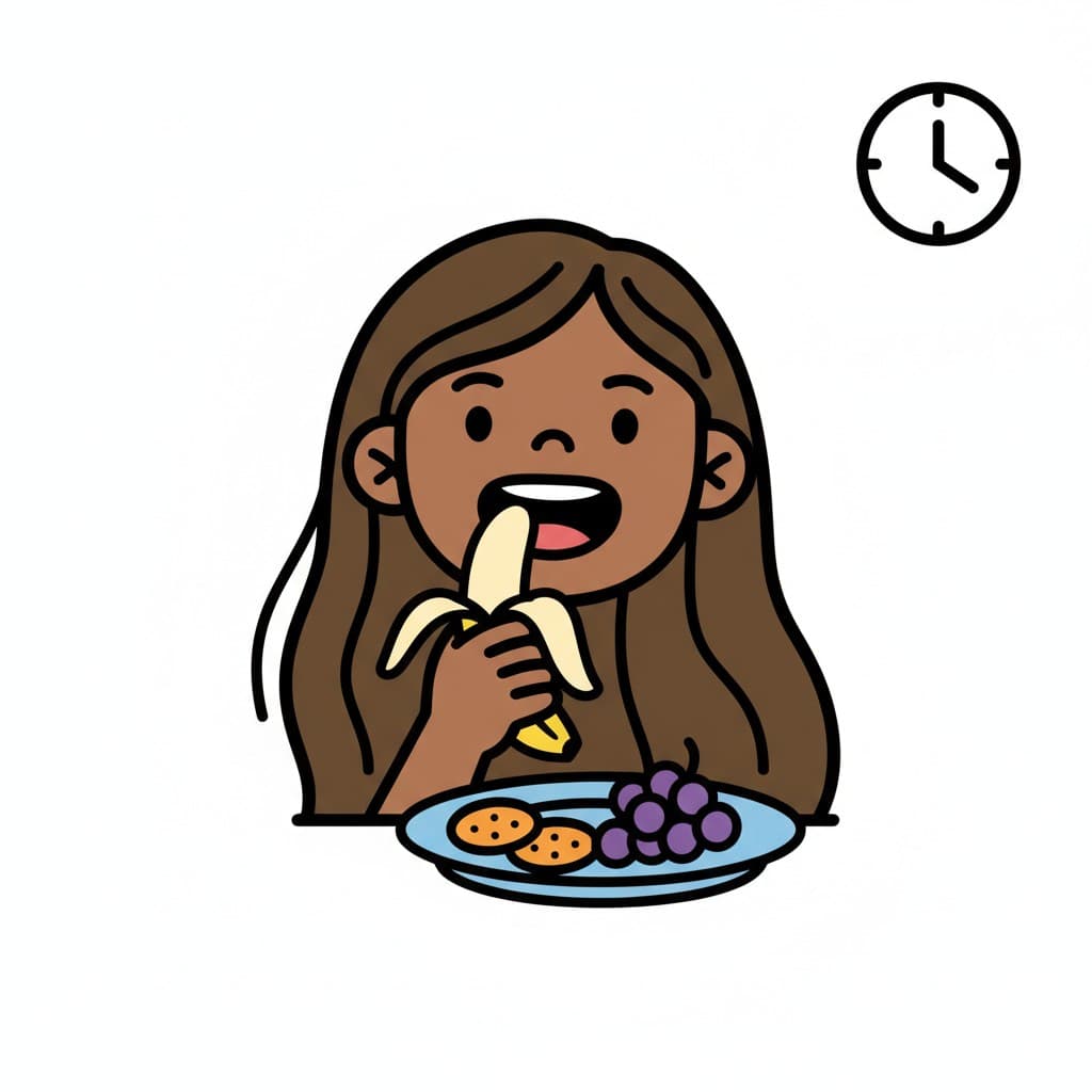 En tecknad bild av en flicka som äter en banan. Hon har en tallrik med kakor och vindruvor framför sig. En klocksymbol är uppe till höger.