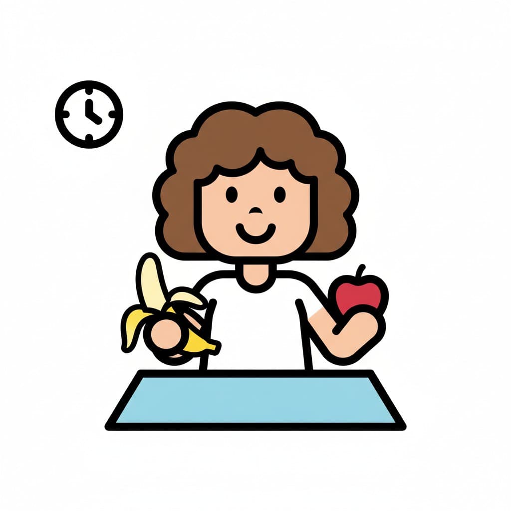 En jente sitter ved et bord og holder en banan og et eple. En klokke er synlig i bakgrunnen.