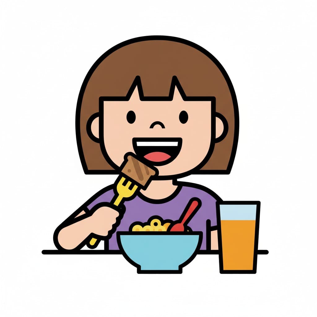 A smiling child eating breakfast. They are holding a fork with a piece of toast, with a bowl of cereal and a glass of orange juice on the table.