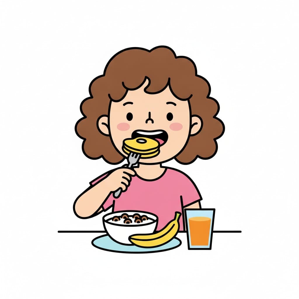 A girl eats a bite from a fork with a bowl of cereal, a banana, and a glass of juice on the table.