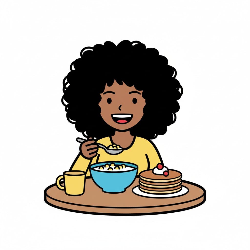 A smiling person is eating cereal at a table with pancakes and a drink.