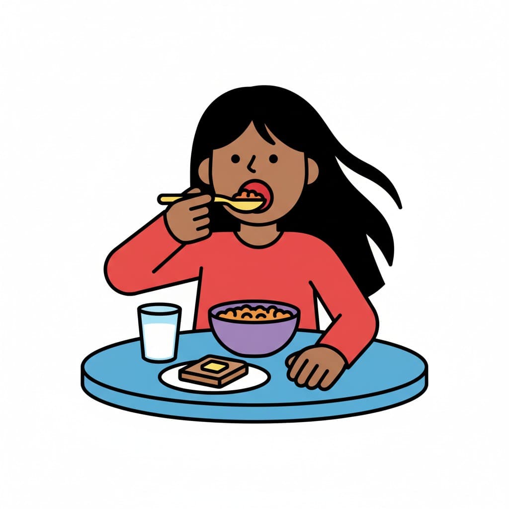 En tjej äter flingor med sked, med en brödbit och ett glas mjölk på bordet.