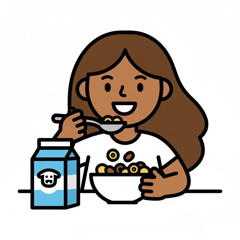 A girl sitting at a table, eating cereal from a white bowl with a spoon. A blue milk carton is next to the bowl.
