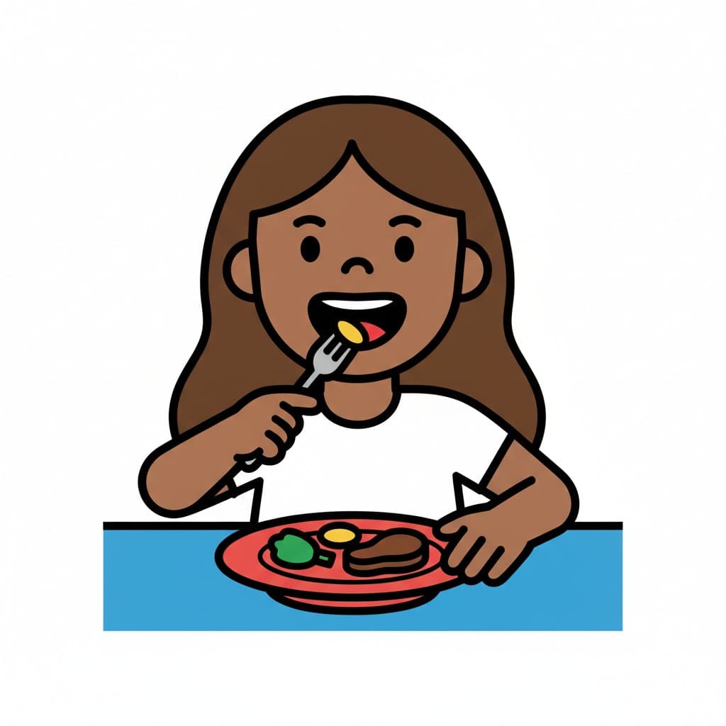 A girl with brown hair is eating dinner at a table, using a fork to bring food to her mouth from a red plate with meat, potatoes, and broccoli.