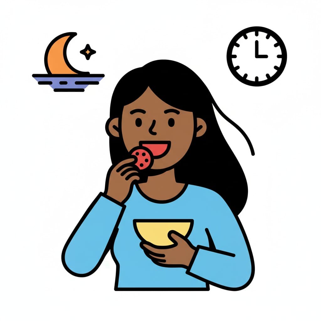 Eine Illustration eines Mädchens, das einen Snack aus einer Schüssel isst. Eine Uhr und eine Mondsichel mit einem Stern sind im Hintergrund und symbolisieren den Abend.