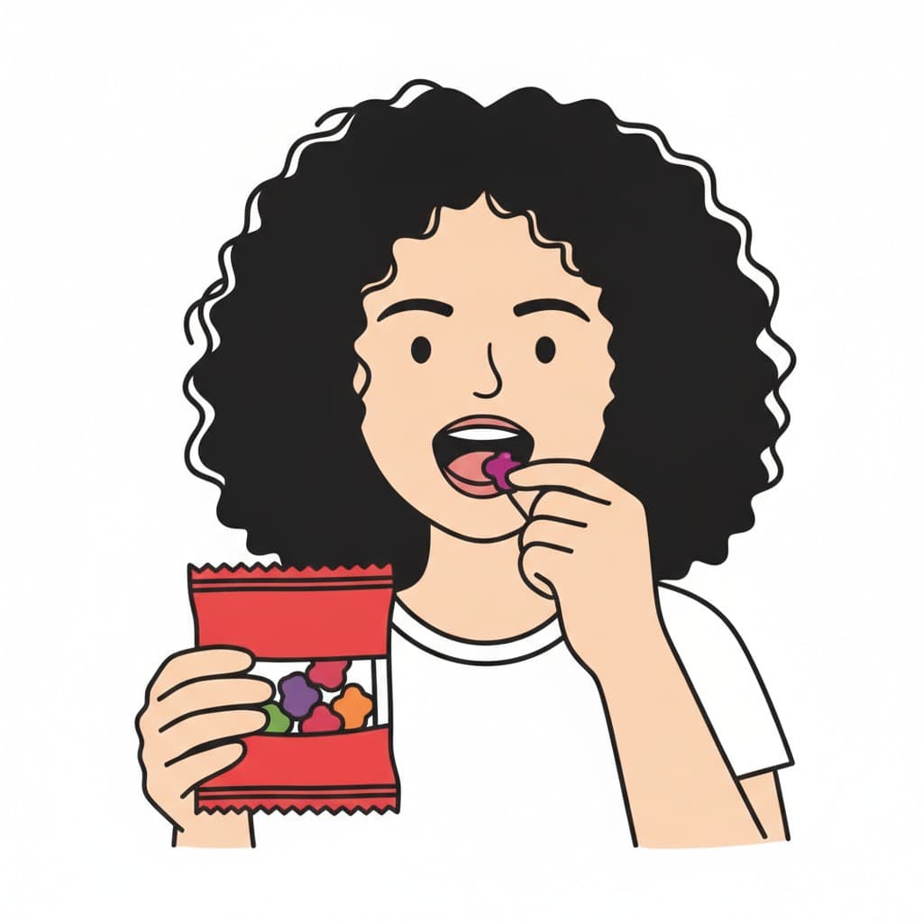 Ein Mädchen hält eine rote Tüte mit Fruchtgummis und steckt sich eines in den Mund.